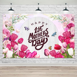 Lofaris First Mother's Day Banner, Pink Floral Wood Background, 70.8x43.3 Inches - Baby's First Mother's Day Party Decoration, Carnation Flowers, New Mom Birthday Celebration, Wall Hanging Backdrop