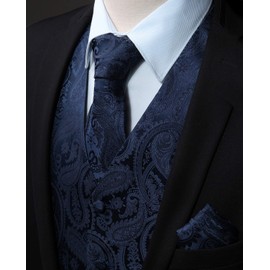 Enlision Men's Suit Vest Tie Set Navy Blue Paisley Floral Jacquard Waistcoat and Necktie Handkerchief Retro Formal Vest for Wedding Prom or Party