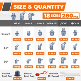 Noxtren 280PCS Grease Fittings Assortment, SAE & Metric Grease Zerk Fittings 18 Standard Sizes, Straight 45 90 Degree with Caps and Wrench Kit(7-11mm) for Grease Gun