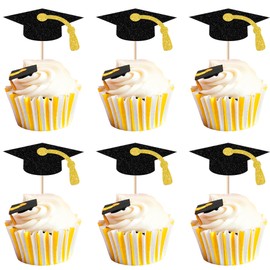 ZHUOWEISM 30 PCS Class of 2025 Graduation Cupcake Toppers Glitter Congrats Grad Graduation Cap Cupcake Picks for 2025 College Graduation Party Decoration Supplies Black Gold