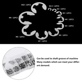 Akozon Retaining Ring Set, E Clip Replacement Set, 120 Pieces, 304 Stainless Steel E-Clip Circlip Retaining Ring Kit, 1.5 mm - 10 mm E-Ring Shaft Retaining Rings E-Ring Shaft Circlips Elastic Ring