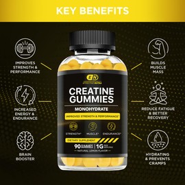 Effective Nutra Creatine Monohydrate Gummies - 1g Creatine per Gummy - Vegan Muscle & Strength Supplement for Men & Women - Supports Muscle Growth, Energy, Endurance - Lemon Flavor, Made in USA (90ct)
