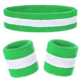 Kids Sweatbands Headband Wristband Set - Athletic Cotton Sweat Band for Sports - Ultimate Sweat-Absorbing 3-piece Set (1 Headband + 2 Wristbands) (Green+White)