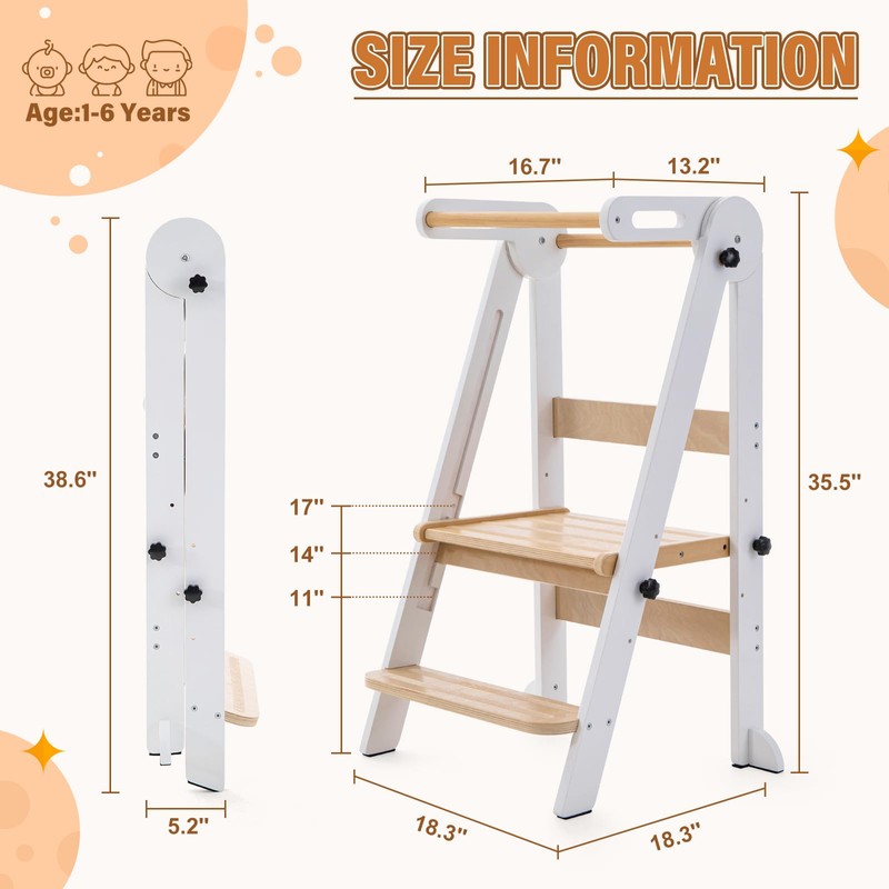 Gewitt Foldable Toddler Kitchen Stool Helper - Adjustable Height Toddler