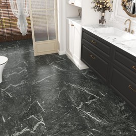 Wallercity 5PCS Black Marble Vinyl Flooring Peel and Stick Floor Tiles for Bathroom Stick on Tile Floor Stickers Self-Adhesive Waterproof Non-Slip Flooring Tile Sheets for Balcony Kitchen 12''x12''