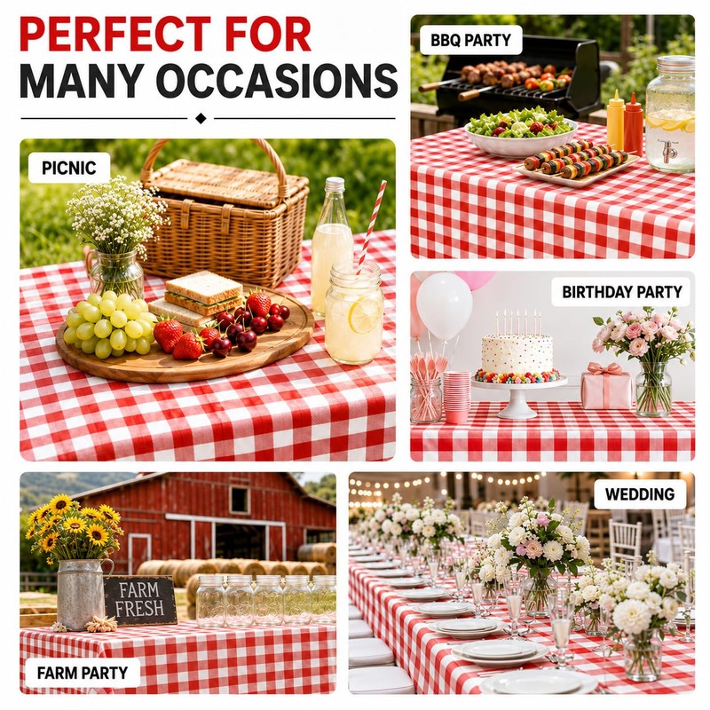 12 Pack Red and White Plastic Checkered Tablecloth, Premium Decorative