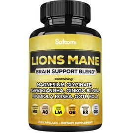 Lions Mane Supplement Capsules with Magnesium with Ashwagandha Root, Ginkgo Biloba, Rhodiola Rosea and Gotu Kola - 210 Vegan Capsules - Support Brain Health, Positive Mood & Energy Production