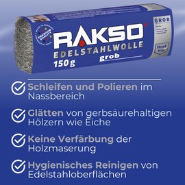 RAKSO Stainless Steel Wool Coarse - 150 g, 1 Banderole, Rustproof, Removes Stubborn Deposits on Tiles, Ceramics - Floors in Wet Areas