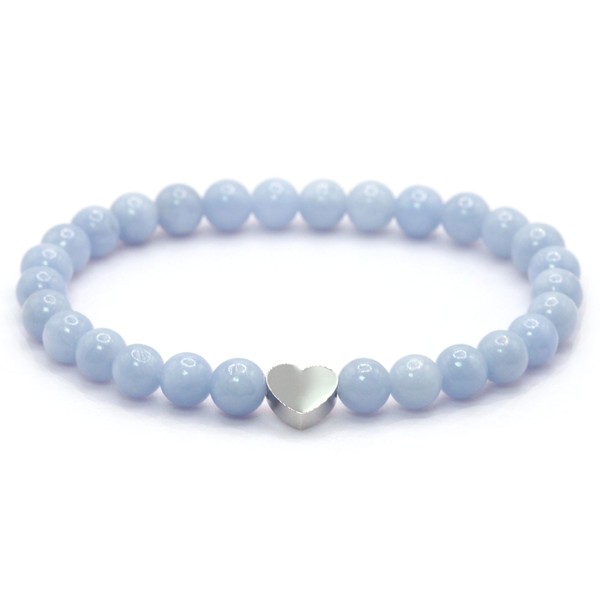 Echtes Blauer Angelit Edelstein Armband mit 6mm Perlen und Edelstahlherz