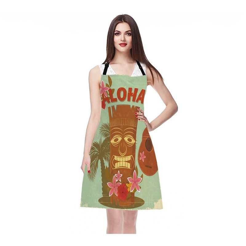 Moslion Hawaiian Tiki Style Apron,Seaside Palm Trees and Beautiful Flowers