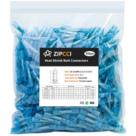 16-14 AWG Heat Shrink Butt Connectors - 500Pcs Blue Insulated Waterproof Electrical Marine Automotive Wire Splice Connector Crimp Wiring Terminals