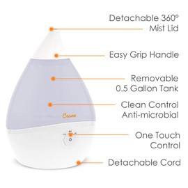 Crane Droplet Ultrasonic Small Air Humidifiers for Bedroom and Office, 5 Gallon Cool Mist Humidifier for Plants and Home, Humidifier Filters Optional, White