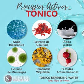 Nezeni Defending Water Gesichtswasser, 200 ml, 8 Wirkprinzipien, Hyaluronsäure, Hamamelis-Extrakt und Mikroalgenextrakte, vegan, für alle Hauttypen