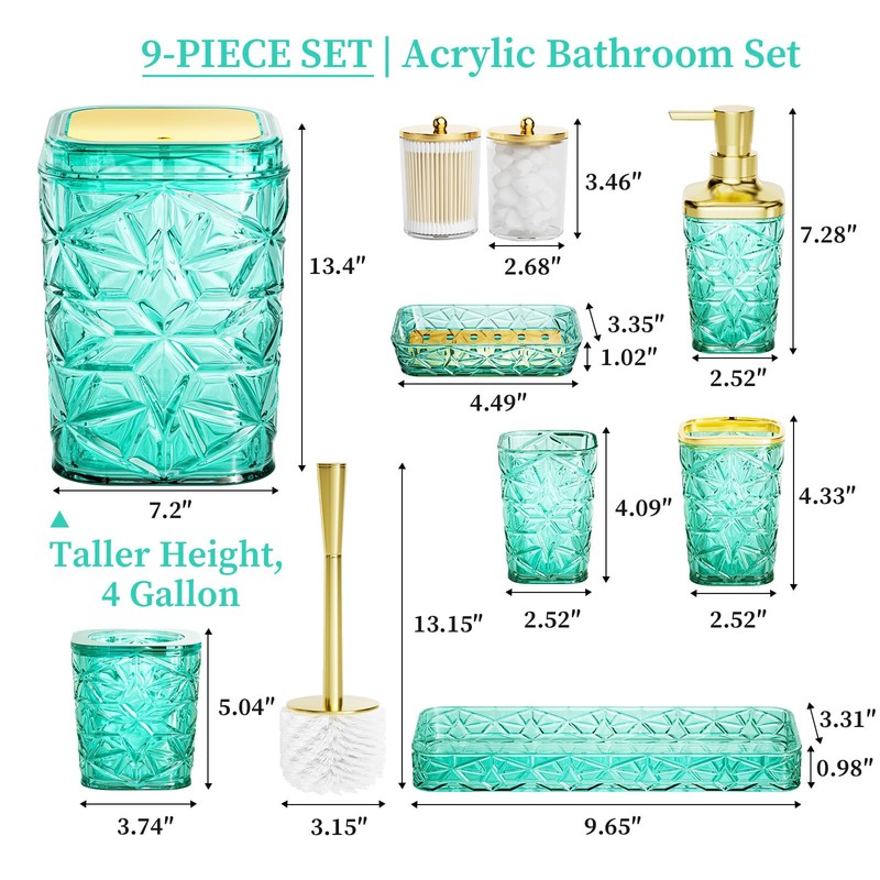 Bathroom Accessory Set, 9-Piece Teal Bathroom Set with Trash Can,