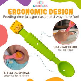 Little Grubbers 3-in-1 Silicone Baby Spoon Self Feeding 6+ Months - Pediatric OT Designed Teether Spoon, BPA Free Toddler Utensils, Mess-Free, Fun for Baby Led Weaning Supplies, Dog & Tiger