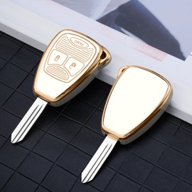 ELOHEI Key Fob Cover for Jeep, TPU Car Key Fob Case for Jeep Wrangler Patriot Grand Cherokee Dodge Ram 1500 2500 3500 Dakota Magnum Durango Charger (Gold Edge White)