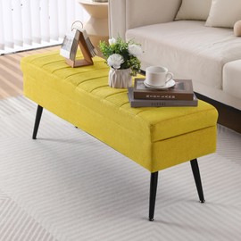 CUYOCA Storage Ottoman Bench, 43.5" Upholstered Entryway Bench, Long Ottoman with Storage for Living Room, Support 660lbs - Fabric Canary
