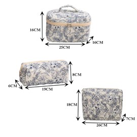 3 Pack Floral Cotton Makeup Bag Set, Large Capacity Quilted Toiletry Bag, Aesthetic Cotton Bag for Travel Vacation, Cosmetic Organizer Bag, Travel Skincare Bag for Women Ladies
