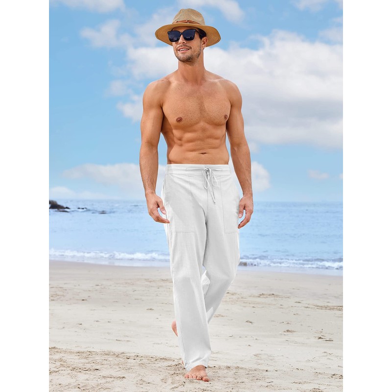 PASLTER Mens Casual Linen Pants Loose Fit Straight-Legs Elastic Drawstring