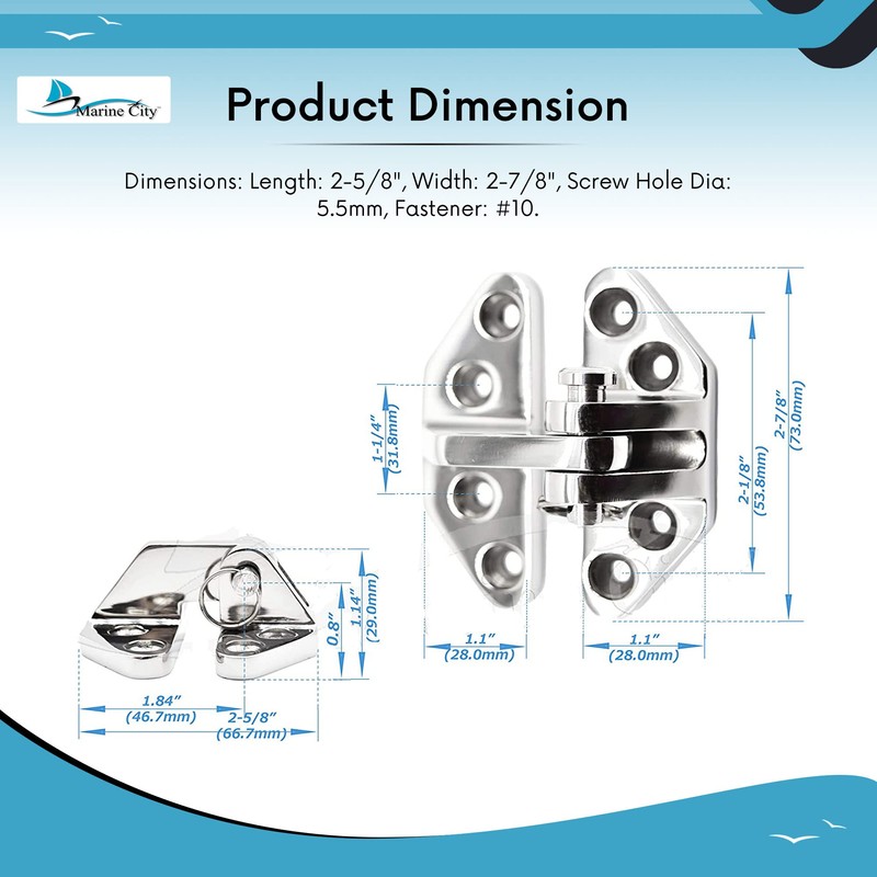 MARINE CITY 316 Stainless Steel Hatch Hinge with Removable Pin