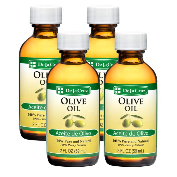 De La Cruz Pure Olive Oil - Natural Expeller Pressed Olive Oil for Hair and Skin - Lightweight Body Oil for Dry Skin 2 Fl Oz (4 Bottles)