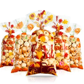 120 Pieces Thanksgiving Cellophane Bag Maple Leaf Pumpkin Clear Fall Treat Bag Reusable Colored Cello Bag Decorative Pumpkin Bag Cookie Bag with Tie Party Supply for Bakery Package Autumn Party Favor