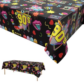 GRESATEK 90s Party Tablecloth, 90s Tablecloth, Birthday, Disposable Plastic, Waterproof Tablecloth, Hip Hop Themes, Party Decoration for 1990s Themes Party, 137 x 274 cm