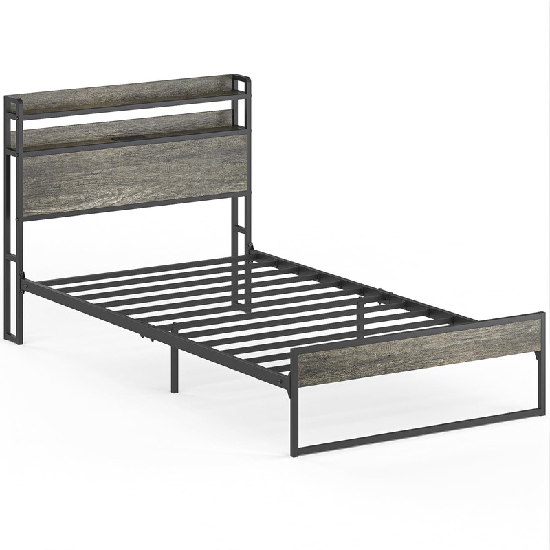 Elephance Twin Bed Frames with Charging Station and Storage Headboard,