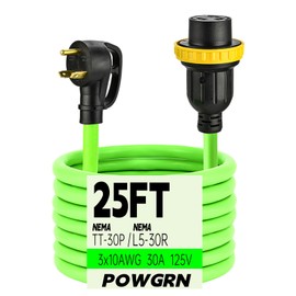 25FT 3 Prong 30 Amp RV Generator Adapter Extension Cord, NEMA TT-30 Male Plug to NEMA L15-30 Twist Lock Female Plug, 10 Gauge STW Power Cord, Max 30 Amp 125V/250V, ETL Listed