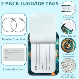 iapodiad Old Compass on Vintage Map Luggage Tag for Suitcase Set of 2 PU Leather Cute Luggage Tags with Stainless Metal Loop ID Label Privacy Flap Suitcase Tags for Women and Men Travel
