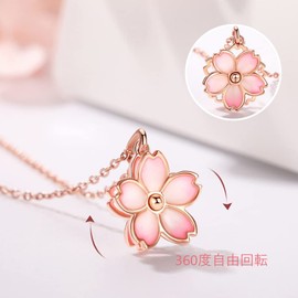 K.L.Y Women's Necklace, Pink Cherry Blossom, 925 Silver, Hypoallergenic Metal, Pure Silver, Free Rotation, Popular, 18K Pink Gold, Cute, Birthday Gift, Women's Accessory