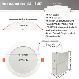 MELPO Smart Recessed Lighting 6 Inch Compatible with Alexa & Siri，1500LM RGBWW Recessed Ceiling Light 2700K-6000K，16 Million Colors，Music Sync， DIY Scenes，16W LED Downlight with Junction Box，4 Pack