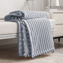 DISSA Fleece Blanket Twin Size – 60x80, Grey – Soft, Plush, Fluffy, Fuzzy, Warm, Cozy – Perfect Throw for Couch, Bed, Sofa - with Pompom Fringe - Flannel Blanket