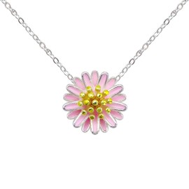 Hiqmic 925 Sterling Silver Cute Daisy Flower Pendant Necklace White Gold Plated Jewelry Gifts for Women 16"-18" WA99035-S-Pink