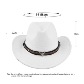 Women Men Classic Western Cowboy Hat Retro Vintage Rave Jazz Hat Autumn Winter Wide Brim Hat with Belt (A-White Bull, ONE Size)