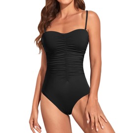 Holipick Women Strapless One Piece Swimsuits Tummy Control Bandeau Bathing Suits Slimming Ruched Swimwear, Black, Small