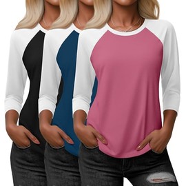 Huukeay 3 Pack Women's 3/4 Sleeve Raglan Shirts, Crew Neck Cotton Blend Casual Baseball Tops Color Block Basic Jersey Tees(Pink/White, Dark Blue/White, Black/White,X-Large)