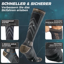 Rahhint Merino Wool Compression Ski Socks for Men, Women and Teenagers, Thermal Winter Socks, Hiking Socks with Padding, Knee Socks, Size 35-51, (2 Pairs), grey / brown