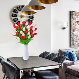 JIFTOK 30pcs Tulips Artificial Flowers Fake Flowers for Decoration, Faux Flowers Tulips Real Touch Arrangement Bouquet for Wedding Home Office Party, Faux Flowers Bulk Gift for Mothers Day-Red&Pink