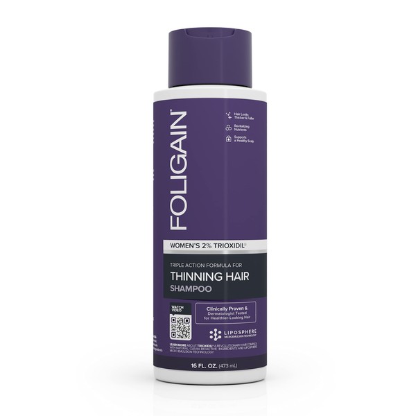 Foligain Triple Action Shampoo For Thinning Hair For Women with 2% Trioxidil | Hair Stimulating Shampoo | Women's Volumizing Shampoo (16oz), 15243