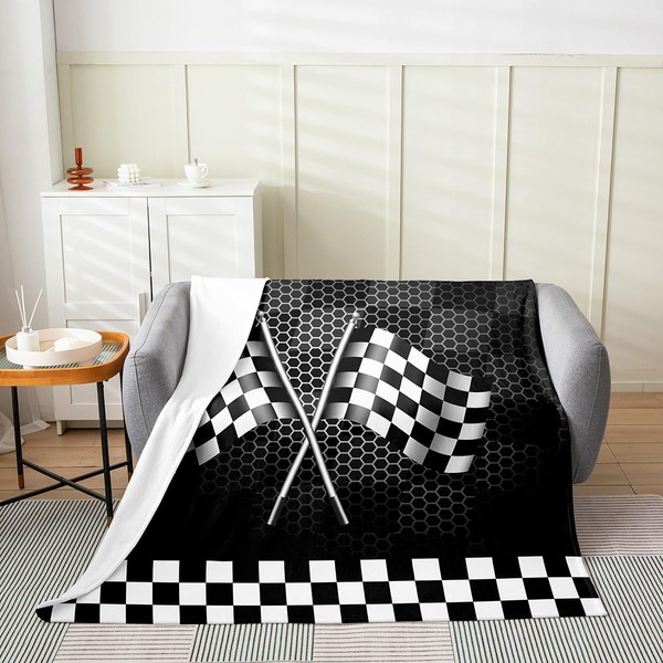 Black White Checkered Flag Flannel Fleece Blanket,Racing Car Extreme Sports