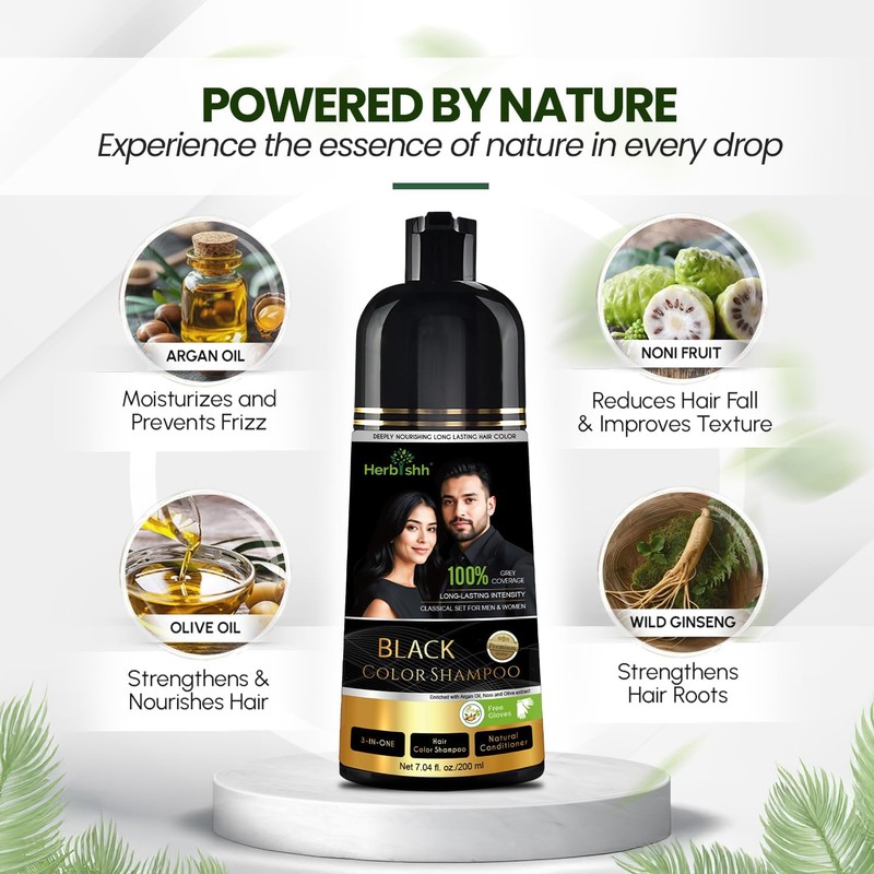 Herbishh Black Hair Dye Shampoo 200ml + Argan Oil 30ml