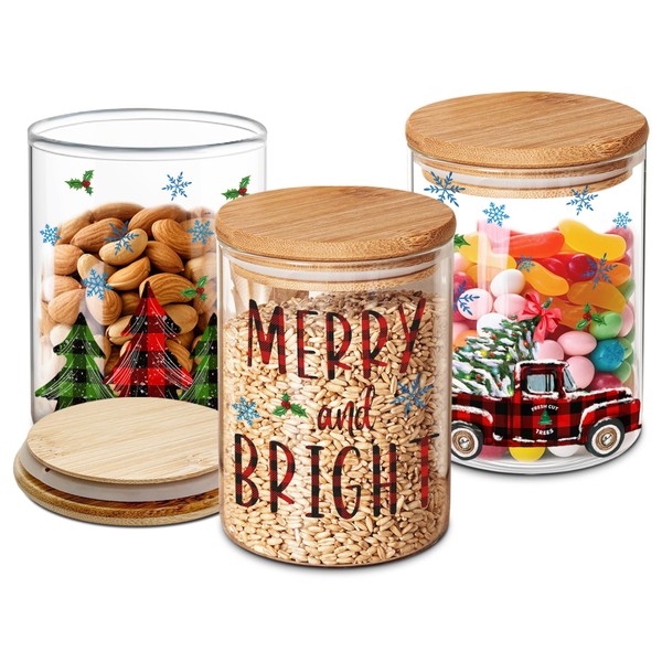 3 Pack Canisters Sets Glass Storage Jars, Buffalo Plaid Christmas Decorations Indoor Red Truck Canister Sets with Airtight Lid for Kitchen Counter Countertop, Christmas Tree Decor Gifts for Women Men