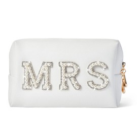 Preppy Patch Makeup Bag,Travel Cosmetic Bags PU Leather Portable Waterproof Toiletry Storage Case with Chenille Letter Zipper Daily Use Pouch for Women,Pearl Beige MRS