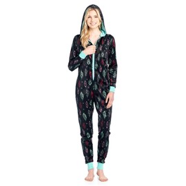 Ashford & Brooks Women's Fleece Hooded One Piece Pajama - Black Turquoise Feather - Medium