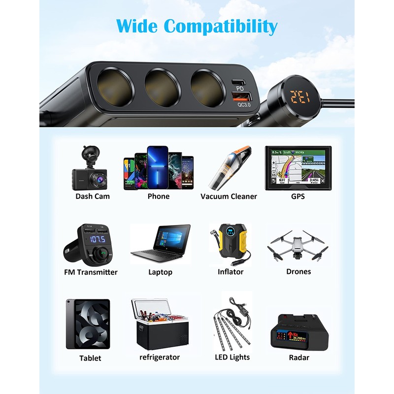 7 in 1 Cigarette Lighter Splitter, LIHAN 3 Socket Car