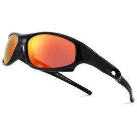 Pro Acme Kids Sunglasses for Boys Girls, Polarized Sports Child Youth Baseball Sunglasses with Strap for Kids Ages 3-12 (Black/Bright Orange)