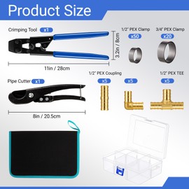Otoolling PEX Cinch Camp Tool Kit 3/8" to 1" Crimping Tool with Pipe Hose Cutter 15 Pcs 1/2'' Brass Fittings Combo 50 Pcs 1/2" and 20 3/4" PEX Cinch Clamps with Storage Bag and Storage Box