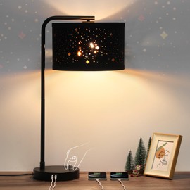 Bedside Table Lamp, Fully Dimmable Table Lamp with 2 USB Ports, Modern Nightstand Lamps with Stars Shade, USB Side Table Lamp, Tall Desk Reading Lamps for Living Room Bedroom 3000k LED Bulb Included