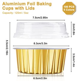 RETON 100 Pieces Aluminium Foil Baking Cups Waterproof Muffin Cases with Lids 5 oz Cupcake Cases Muffin Cases Aluminium Foil for Cupcakes, Muffins, Cheesecakes, Dessert (5 Colours)